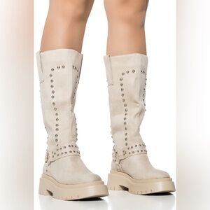 AKIRA Cream Studded Heeled Boots